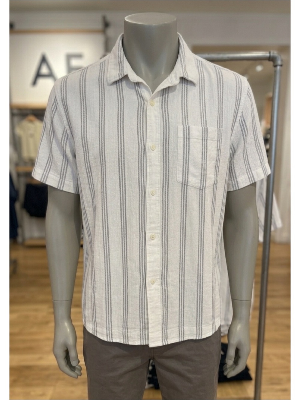 American Eagle Outfitters White Short-Sleeve Button-Down with Gray Stripes